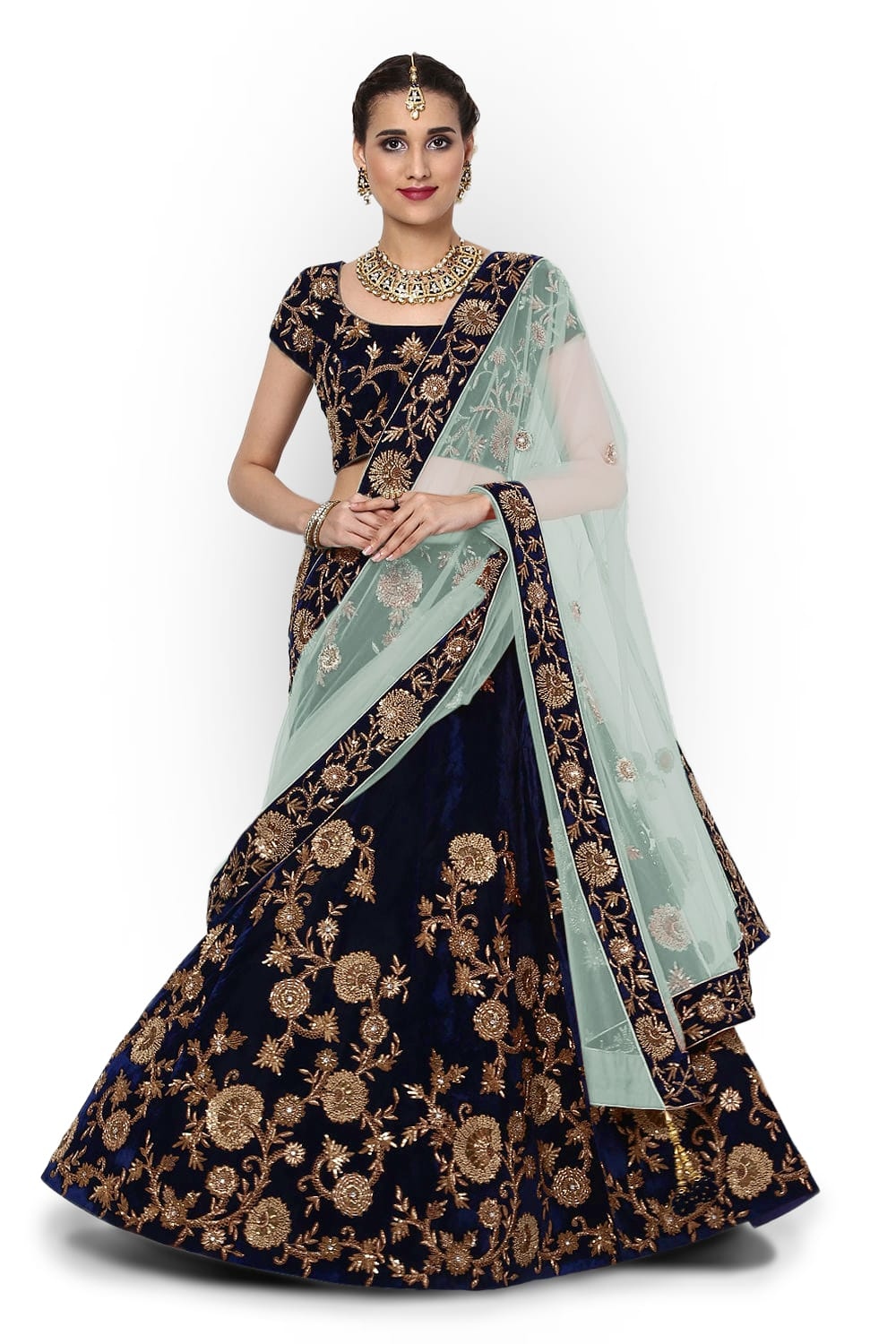 Navy Blue Silk Velvet Bridal Lehenga