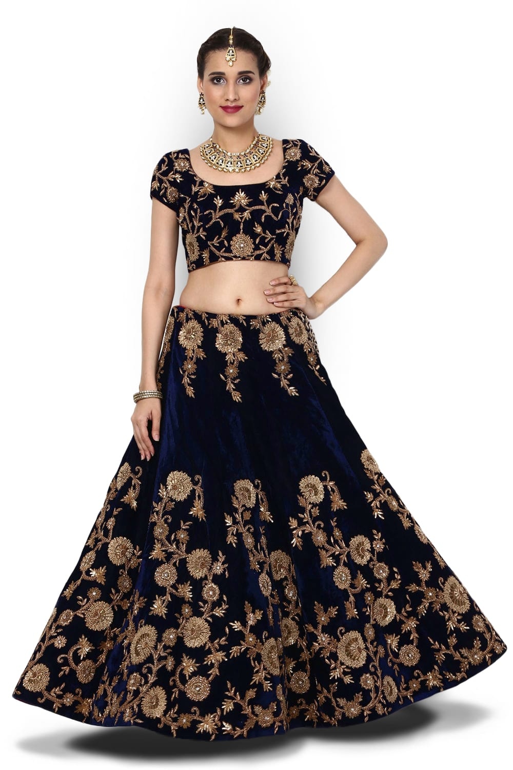 Navy Blue Silk Velvet Bridal Lehenga