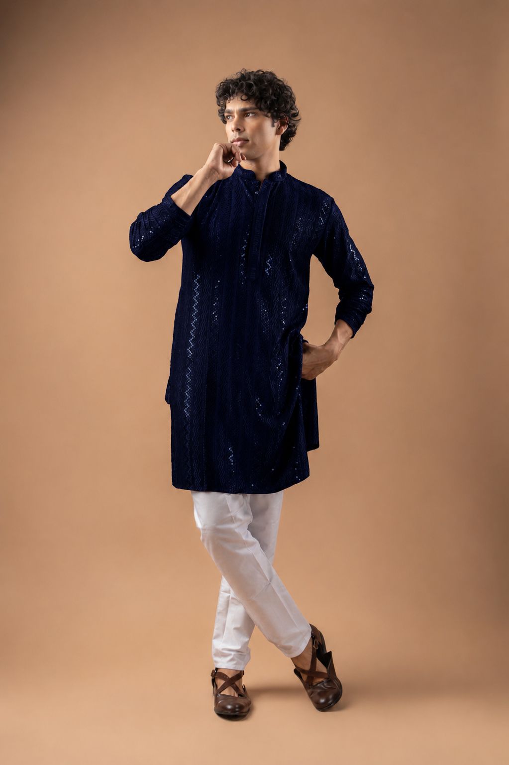 Navy Blue Stripe Embroidery Rayon Kurta Pyjama