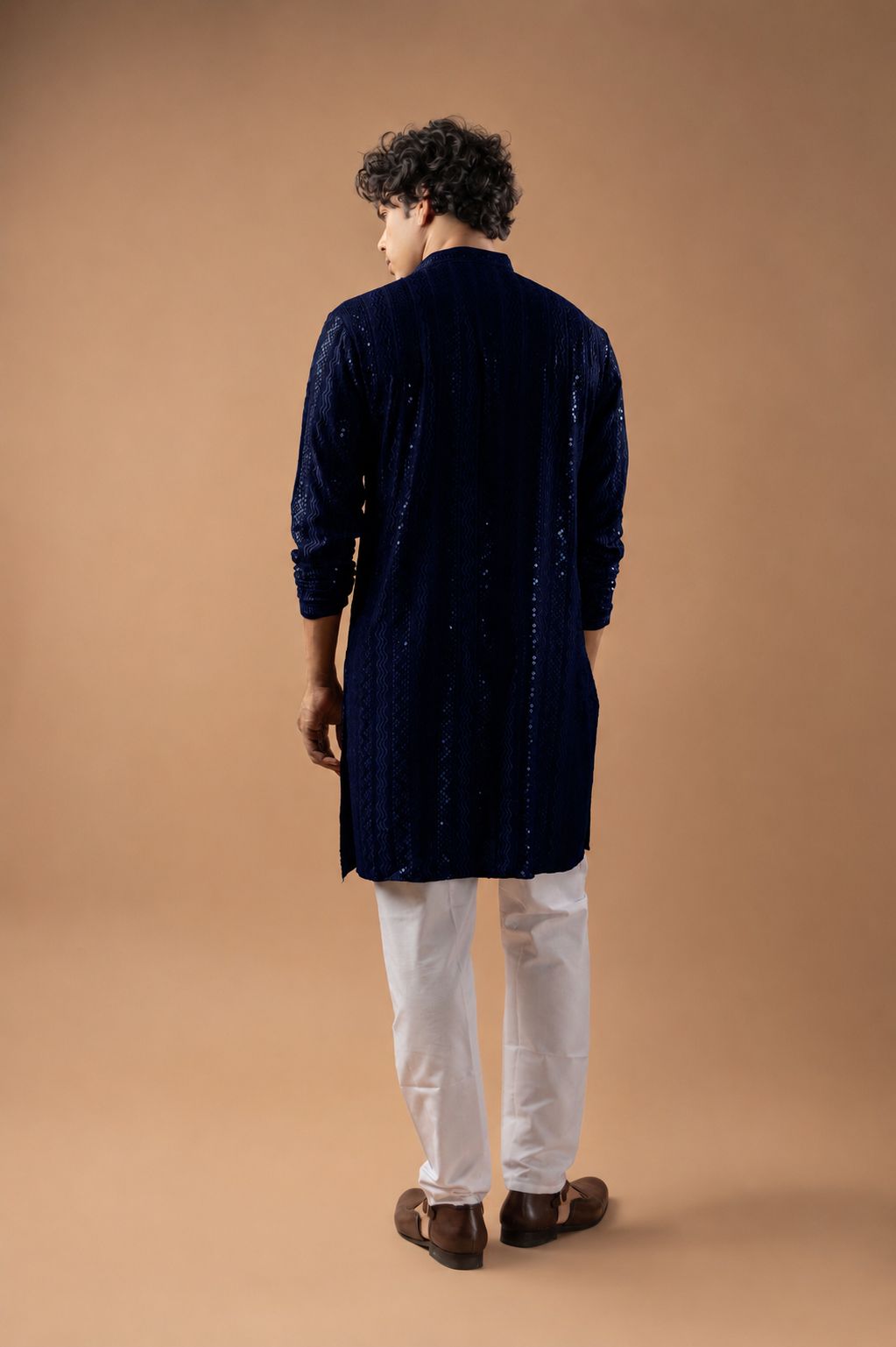 Navy Blue Stripe Embroidery Rayon Kurta Pyjama — alternate view