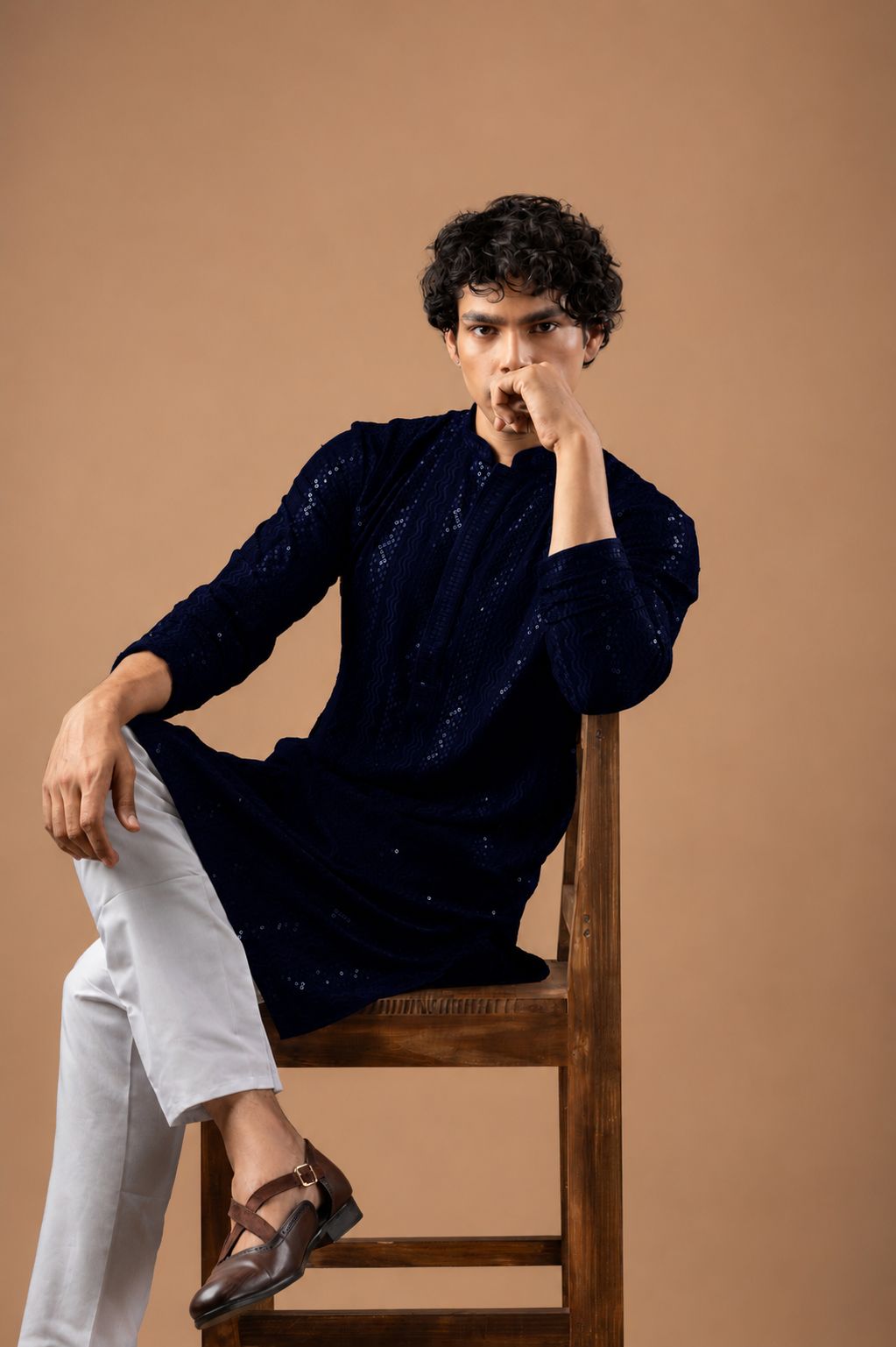Navy Blue Stripe Embroidery Rayon Kurta Pyjama