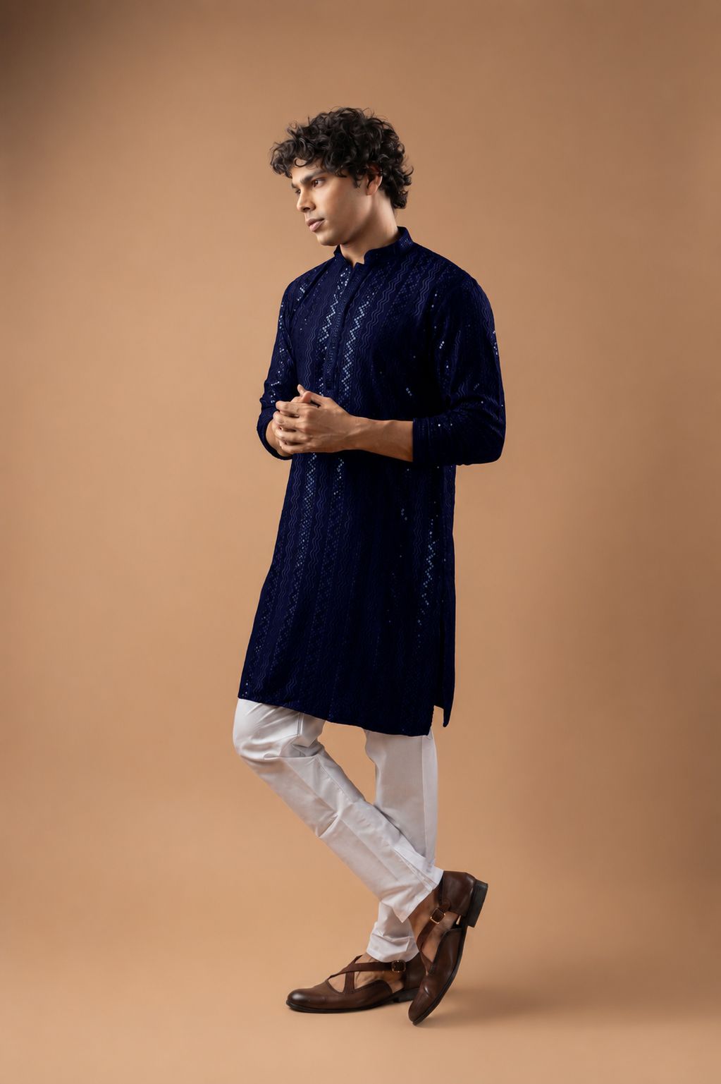 Navy Blue Stripe Embroidery Rayon Kurta Pyjama