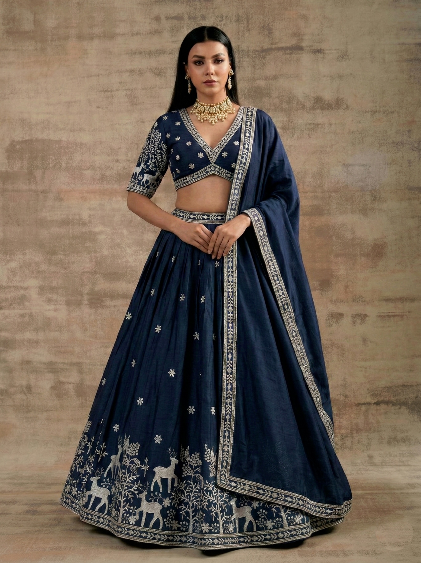 Navy Blue Traditional Embroidery Satin Silk Lehenga