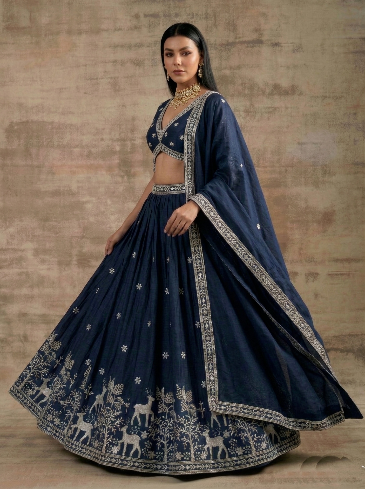 Navy Blue Traditional Embroidery Satin Silk Lehenga — alternate view