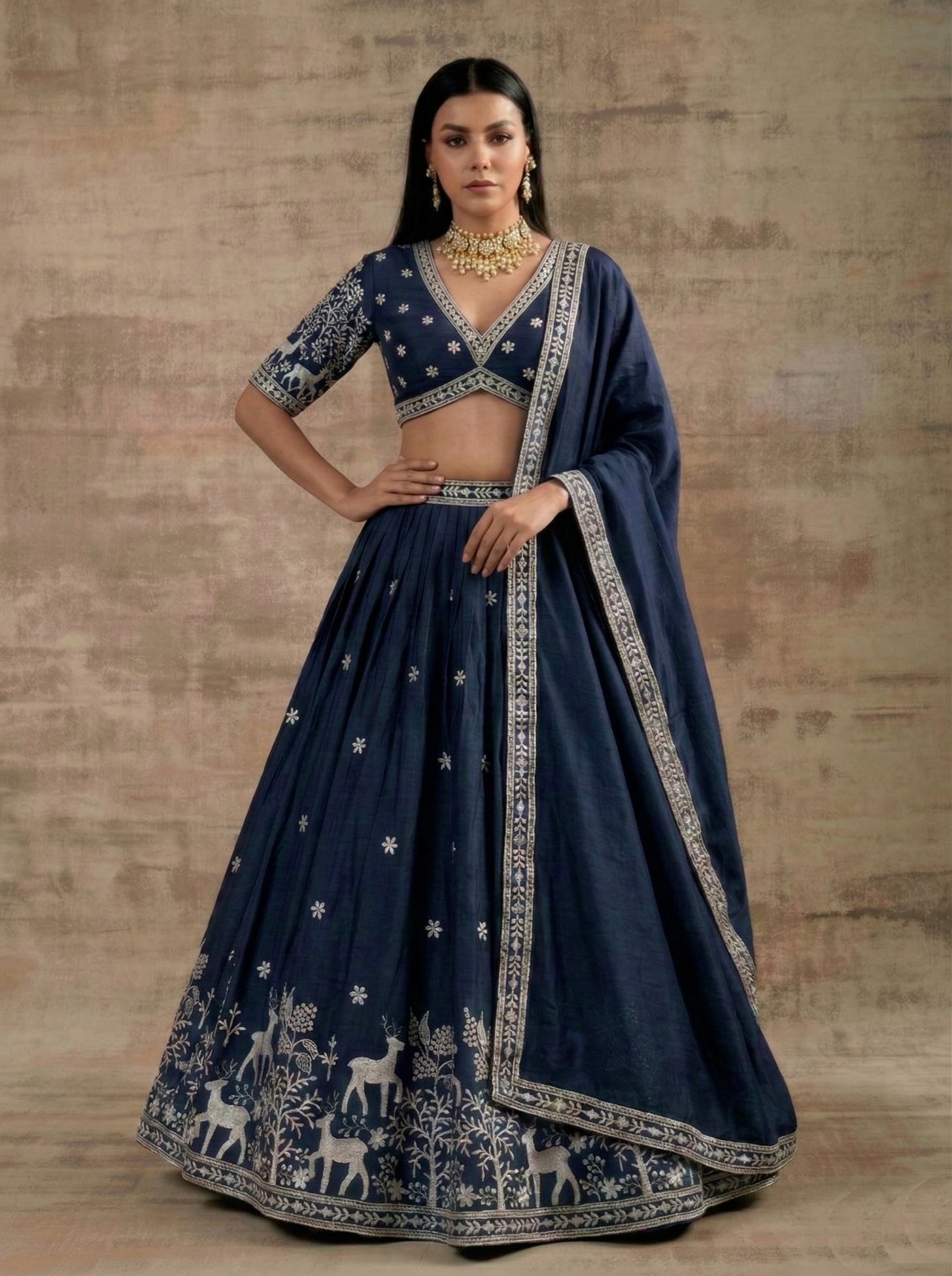 Navy Blue Traditional Embroidery Satin Silk Lehenga