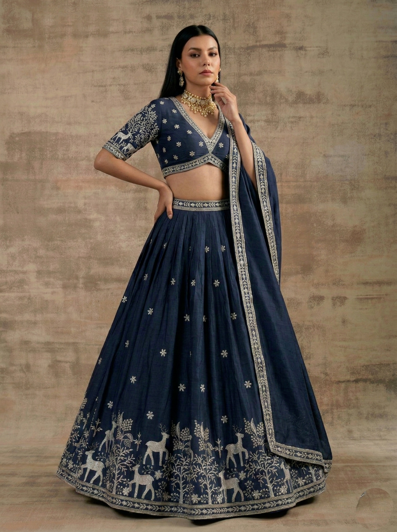 Navy Blue Traditional Embroidery Satin Silk Lehenga