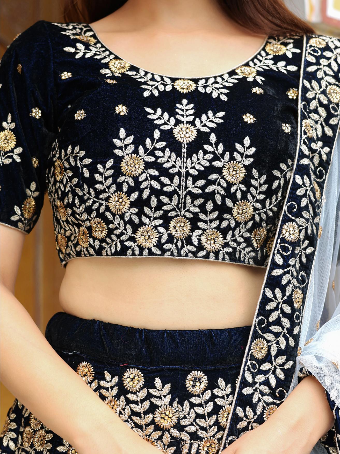 Navy Blue Velvet Lehenga Choli