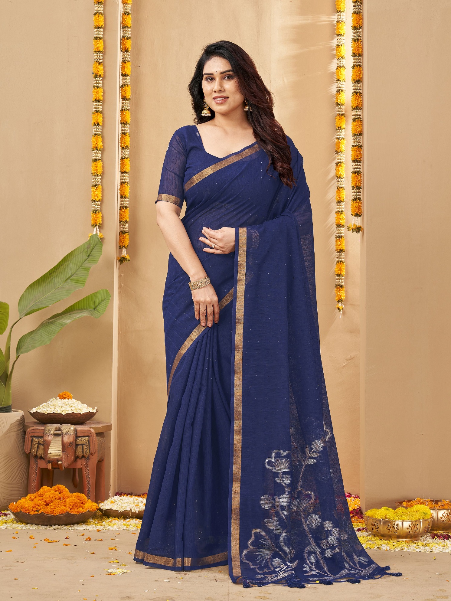 Navy Blue Weaving Zari Linen Silk Saree