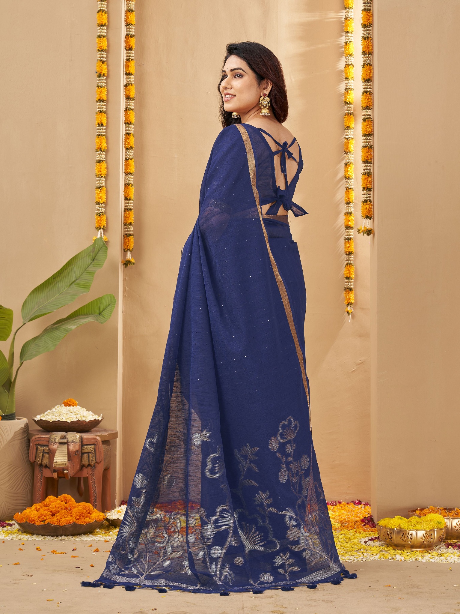 Navy Blue Weaving Zari Linen Silk Saree — alternate view