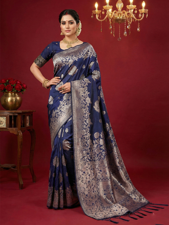 Navy Blue Woven Jari Silk Blend Wedding Saree
