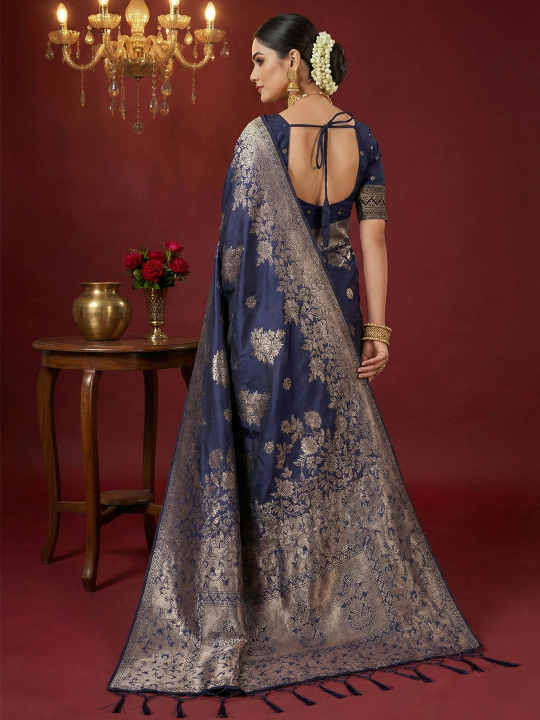 Navy Blue Woven Jari Silk Blend Wedding Saree — alternate view