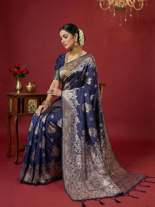 Navy Blue Woven Jari Silk Blend Wedding Saree