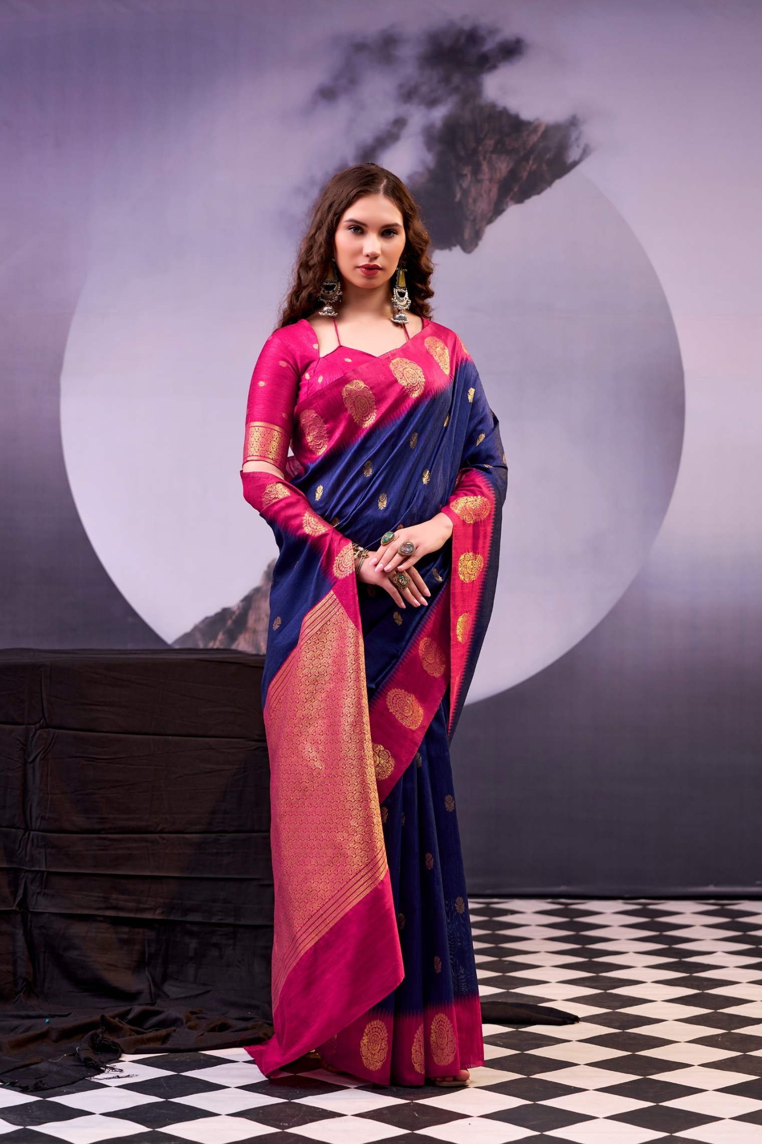 Navy Blue Woven Poly Cotton Saree