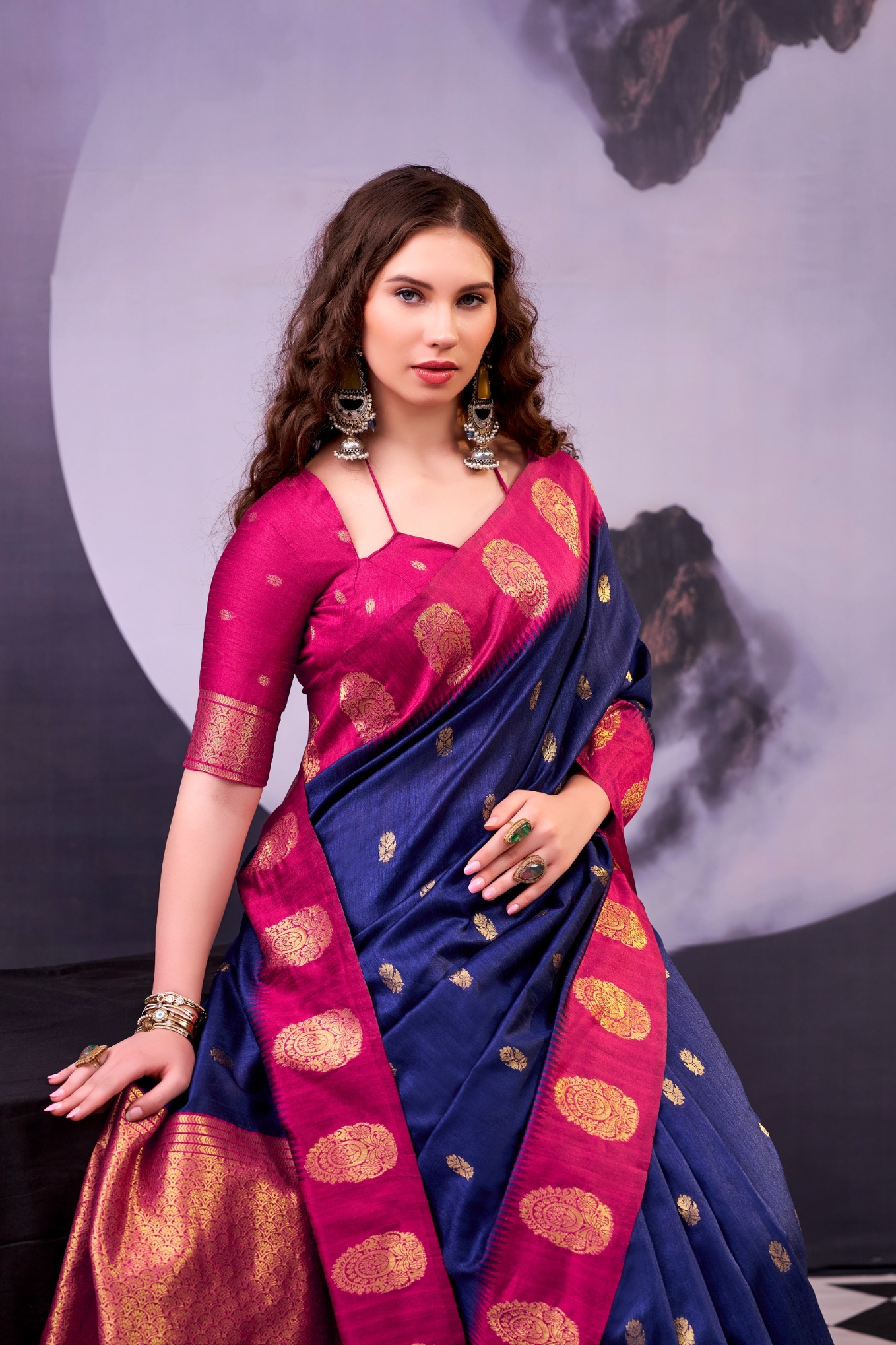 Navy Blue Woven Poly Cotton Saree — alternate view