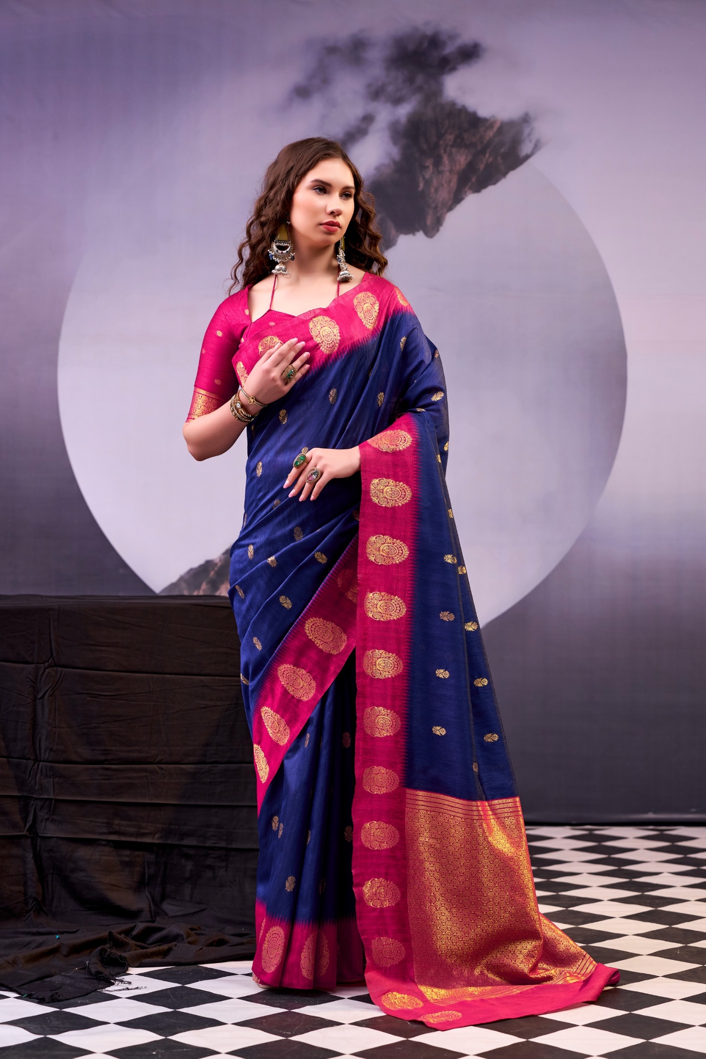 Navy Blue Woven Poly Cotton Saree