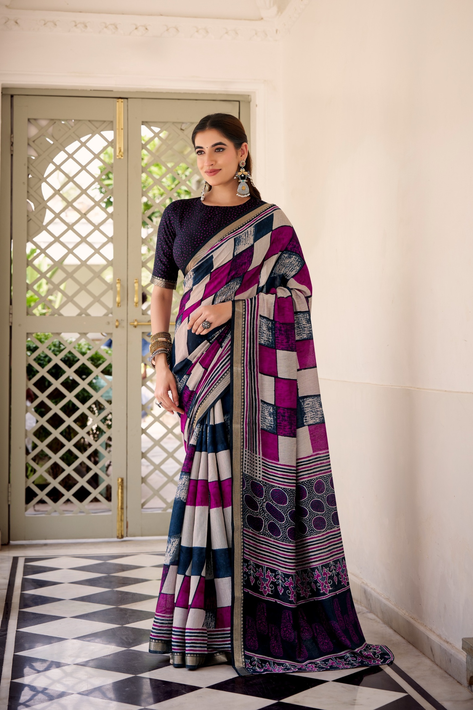 Navy Checked Printed Chanderi Saree