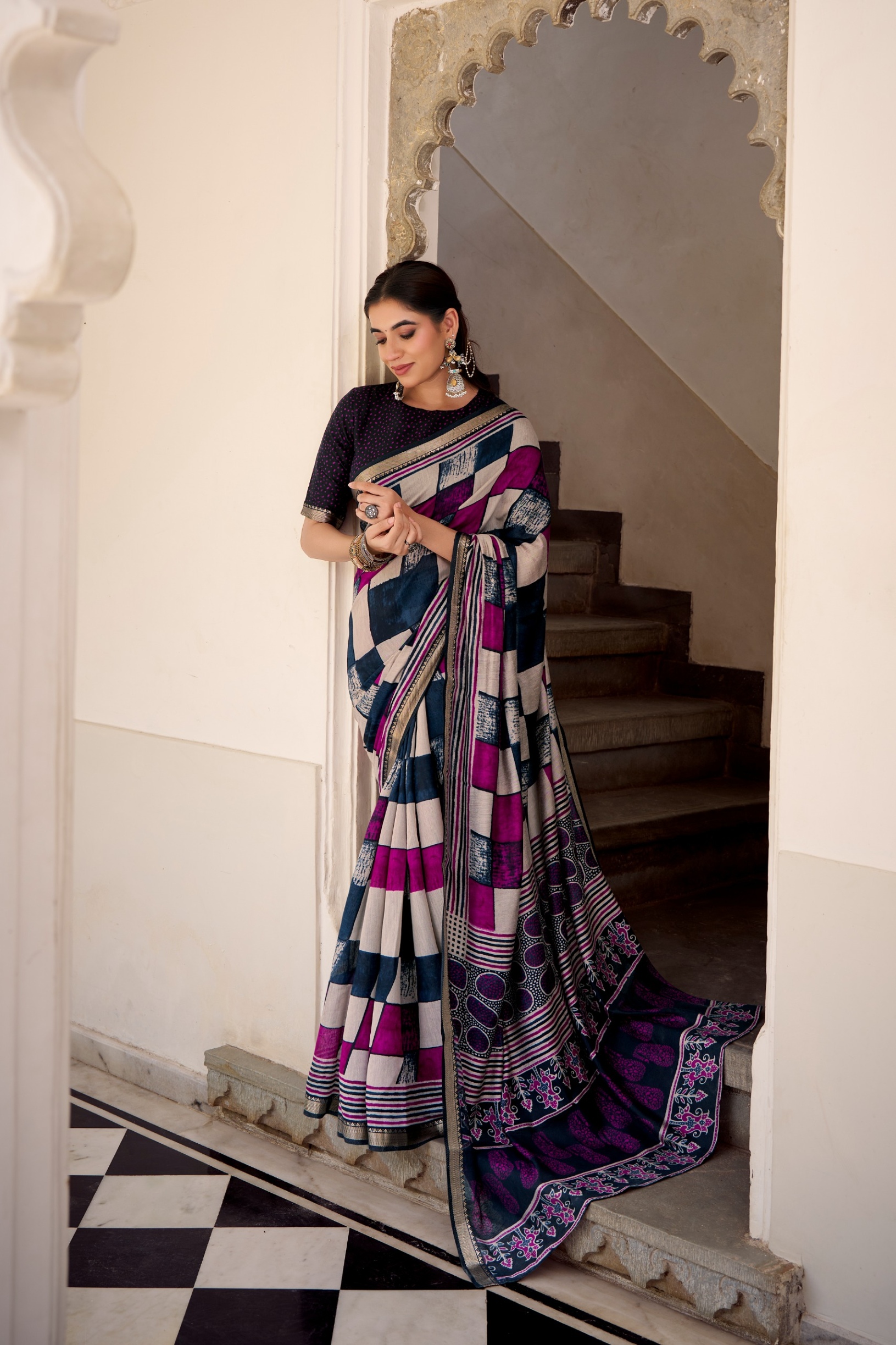Navy Checked Printed Chanderi Saree — alternate view