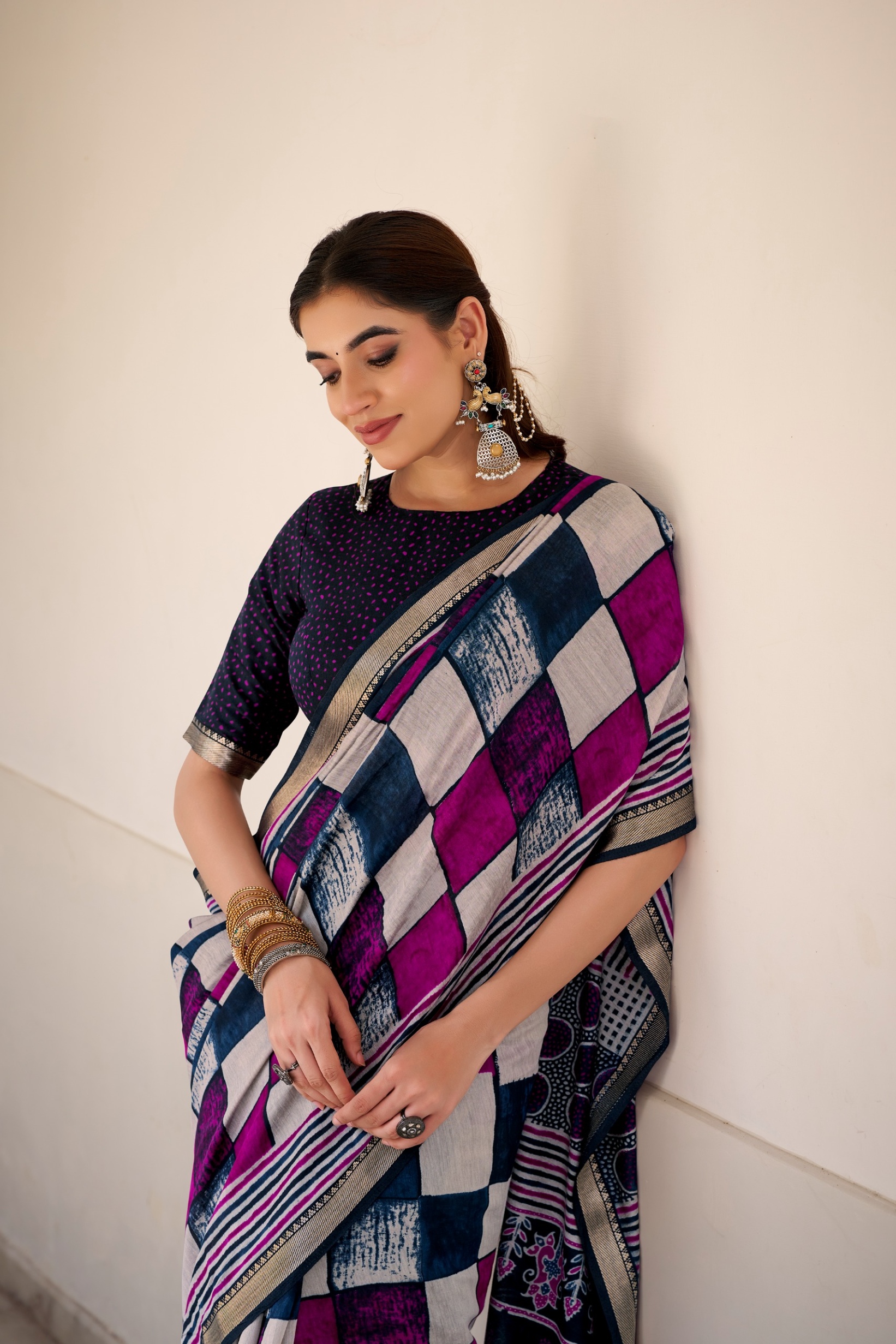 Navy Checked Printed Chanderi Saree