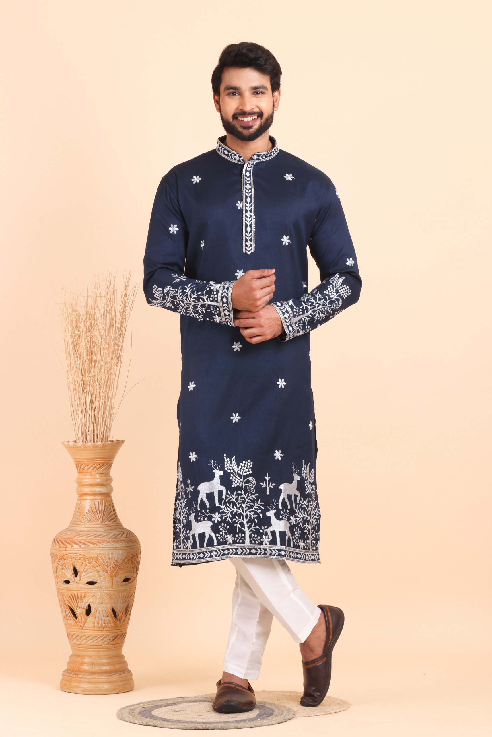 Navy Deer Embroidered Silk Kurta Trouser Set