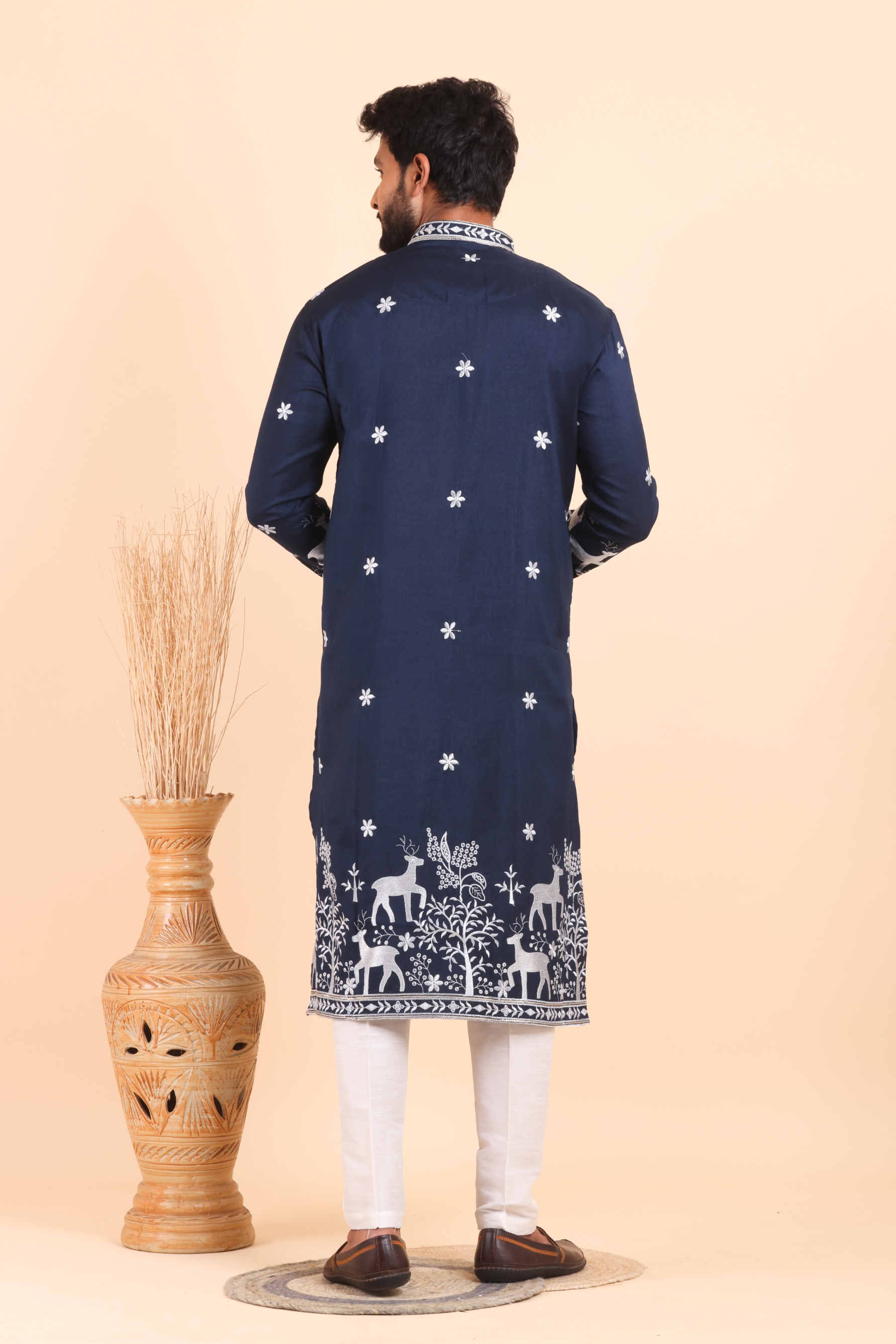 Navy Deer Embroidered Silk Kurta Trouser Set — alternate view