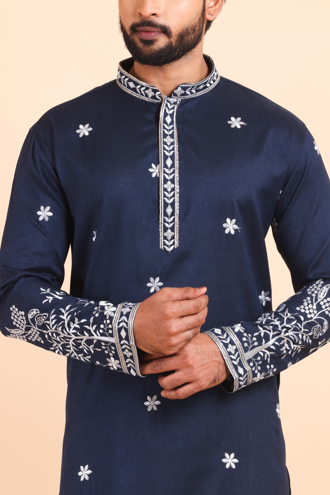 Navy Deer Embroidered Silk Kurta Trouser Set