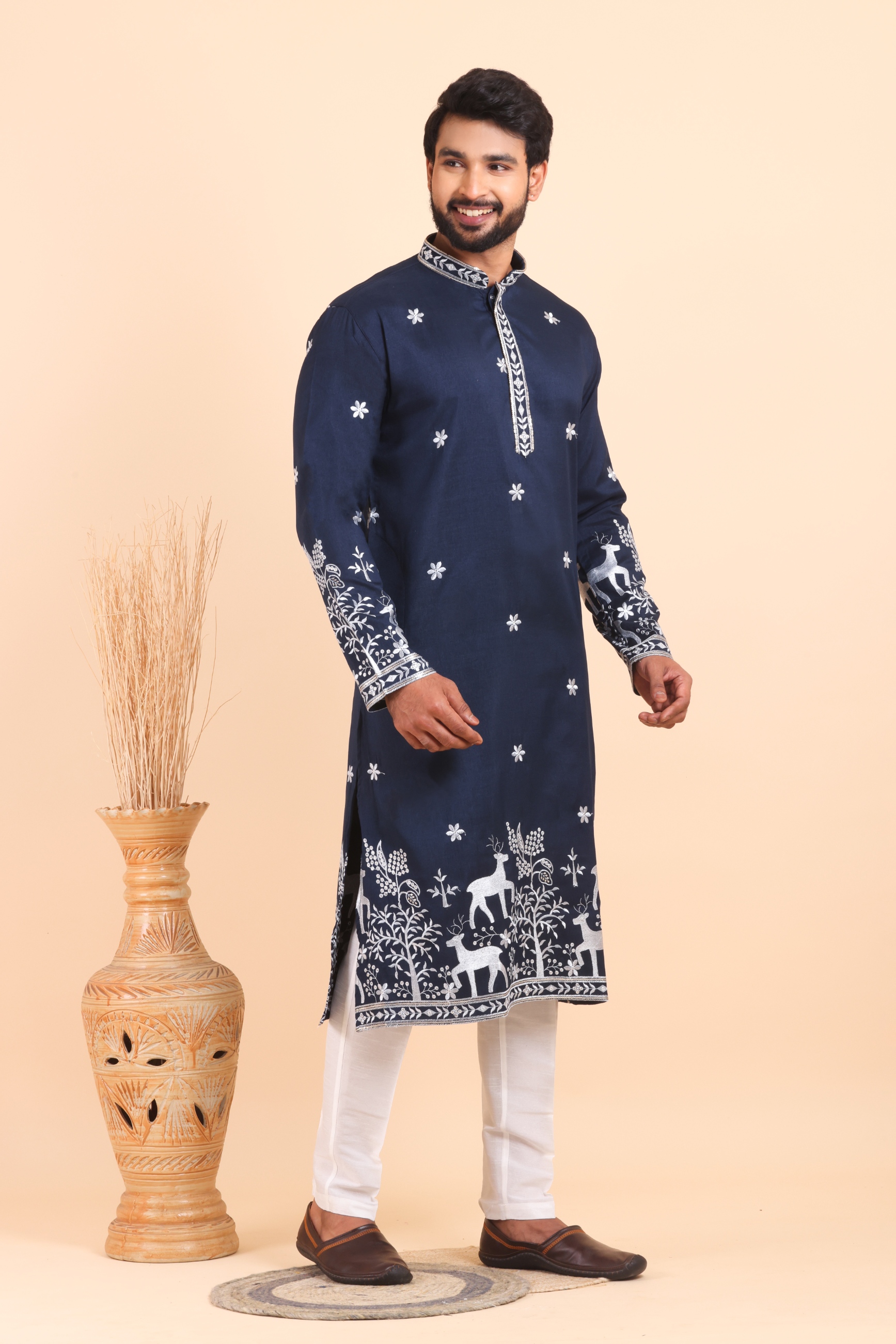 Navy Deer Embroidered Silk Kurta Trouser Set
