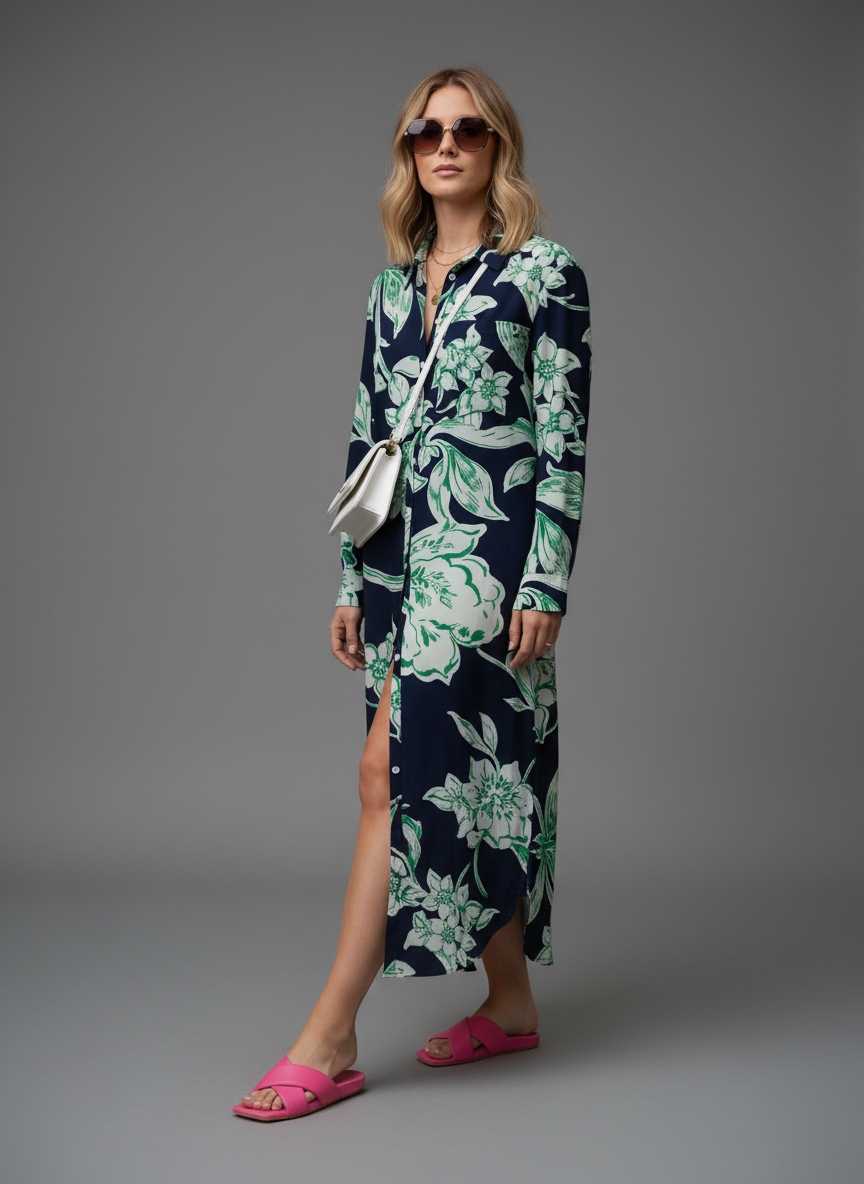 Navy Floral Printed Muslin Shirt Dress