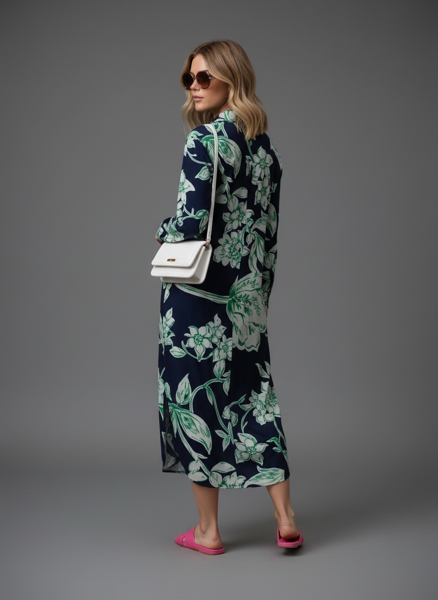 Navy Floral Printed Muslin Shirt Dress — alternate view