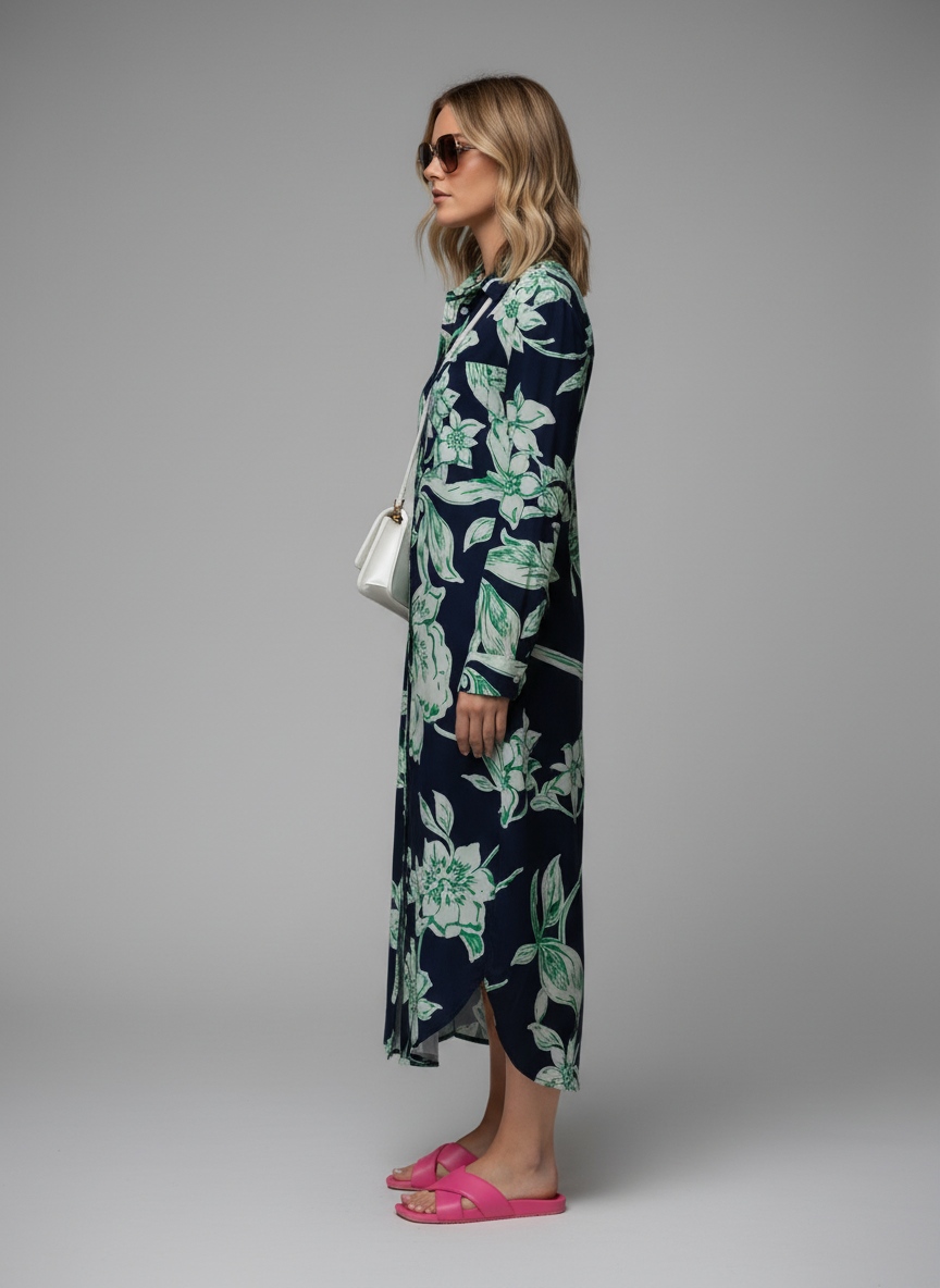 Navy Floral Printed Muslin Shirt Dress