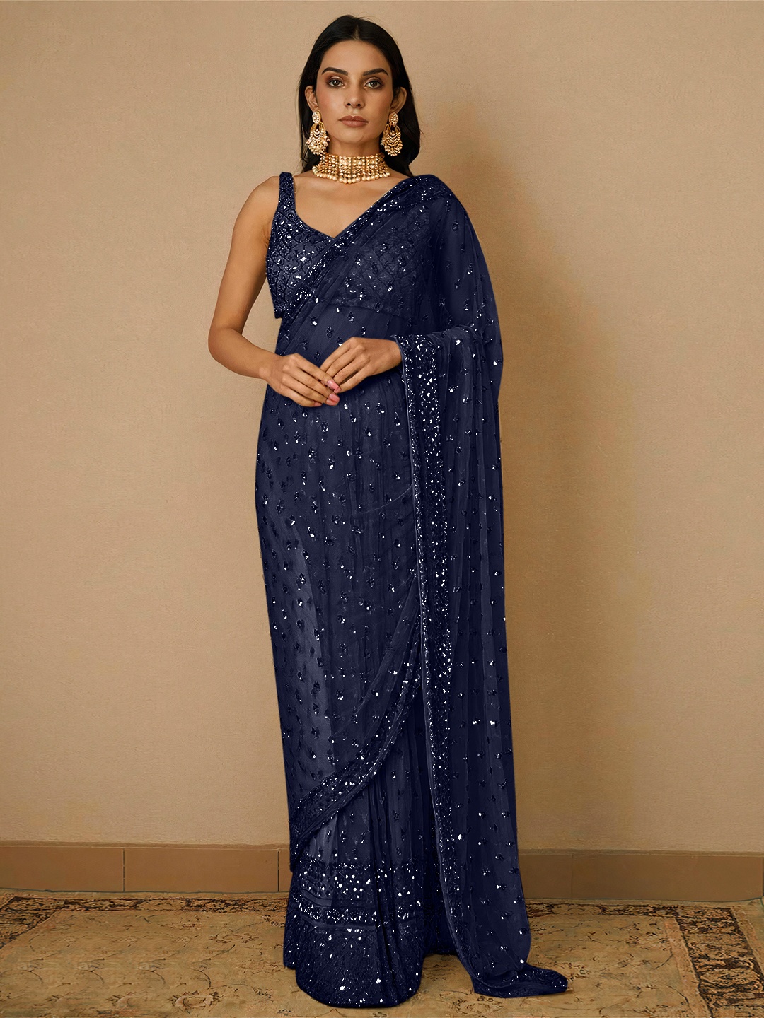 Navy Floral Sequin Net Saree