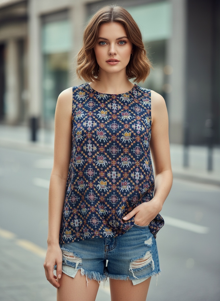 Navy Heritage Printed Sleeveless Top