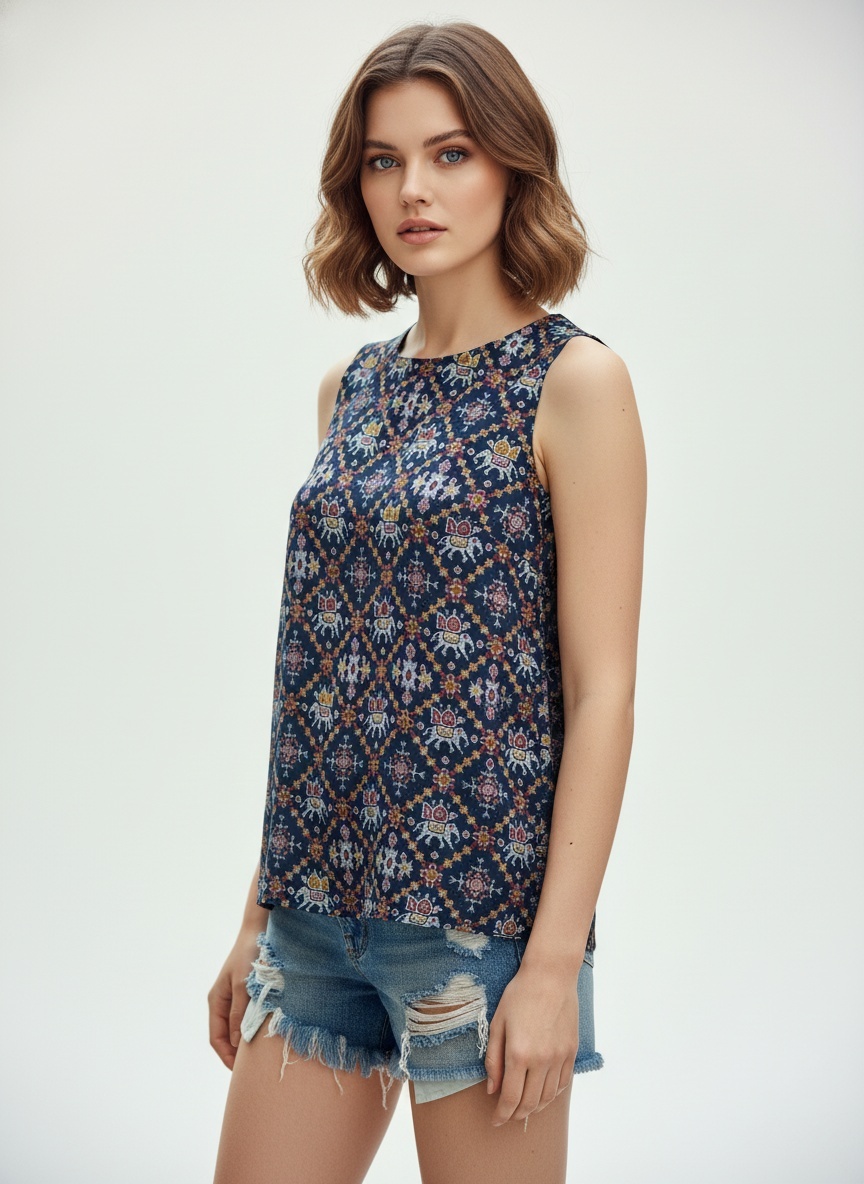 Navy Heritage Printed Sleeveless Top