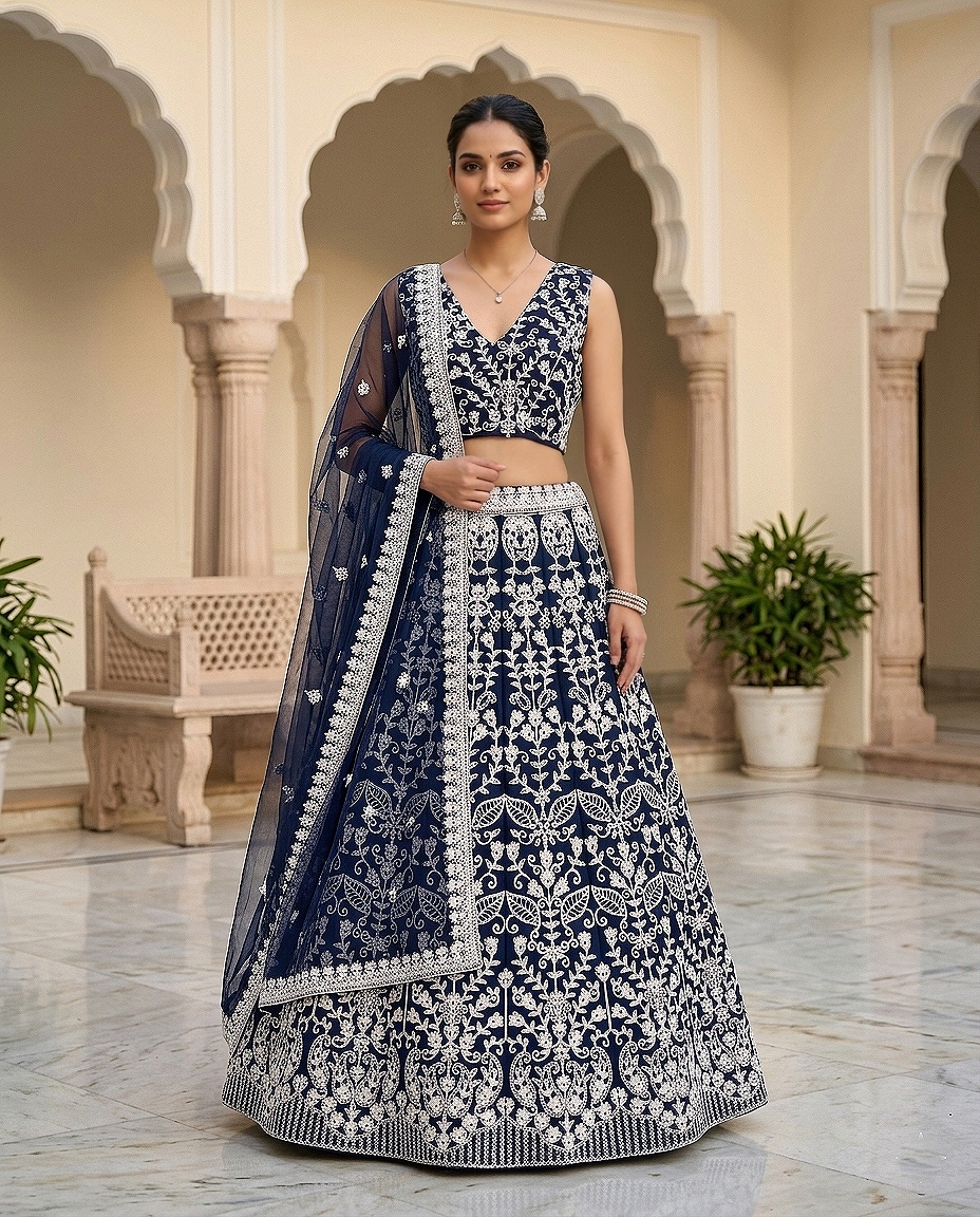 Navy Ornamental Threadwork Net Lehenga Choli
