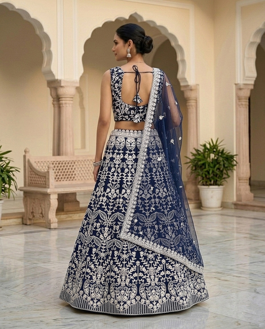 Navy Ornamental Threadwork Net Lehenga Choli — alternate view