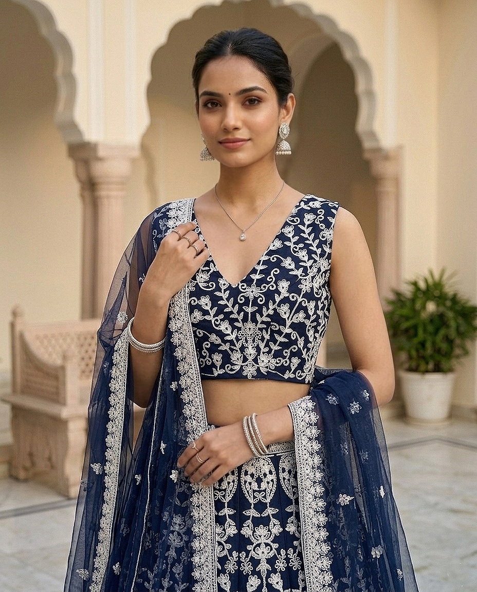 Navy Ornamental Threadwork Net Lehenga Choli