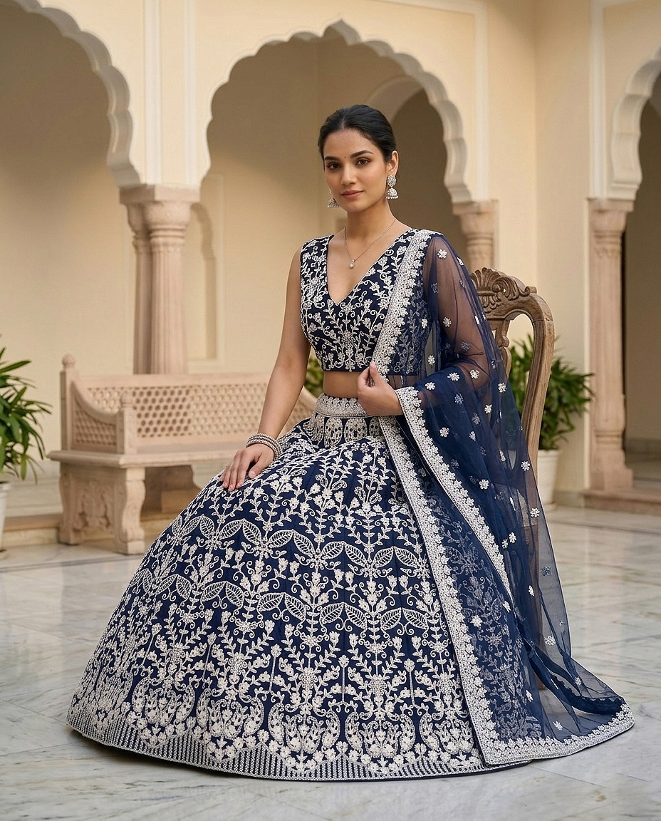 Navy Ornamental Threadwork Net Lehenga Choli