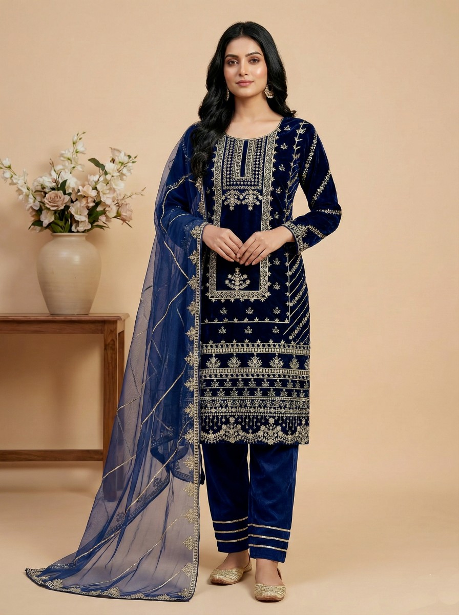 Navy Regal Heavy Embroidered Velvet Suit