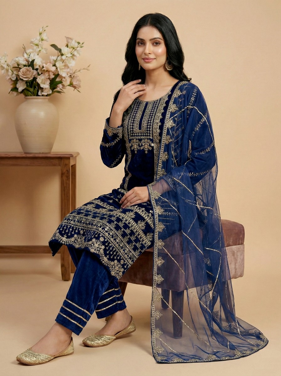 Navy Regal Heavy Embroidered Velvet Suit — alternate view
