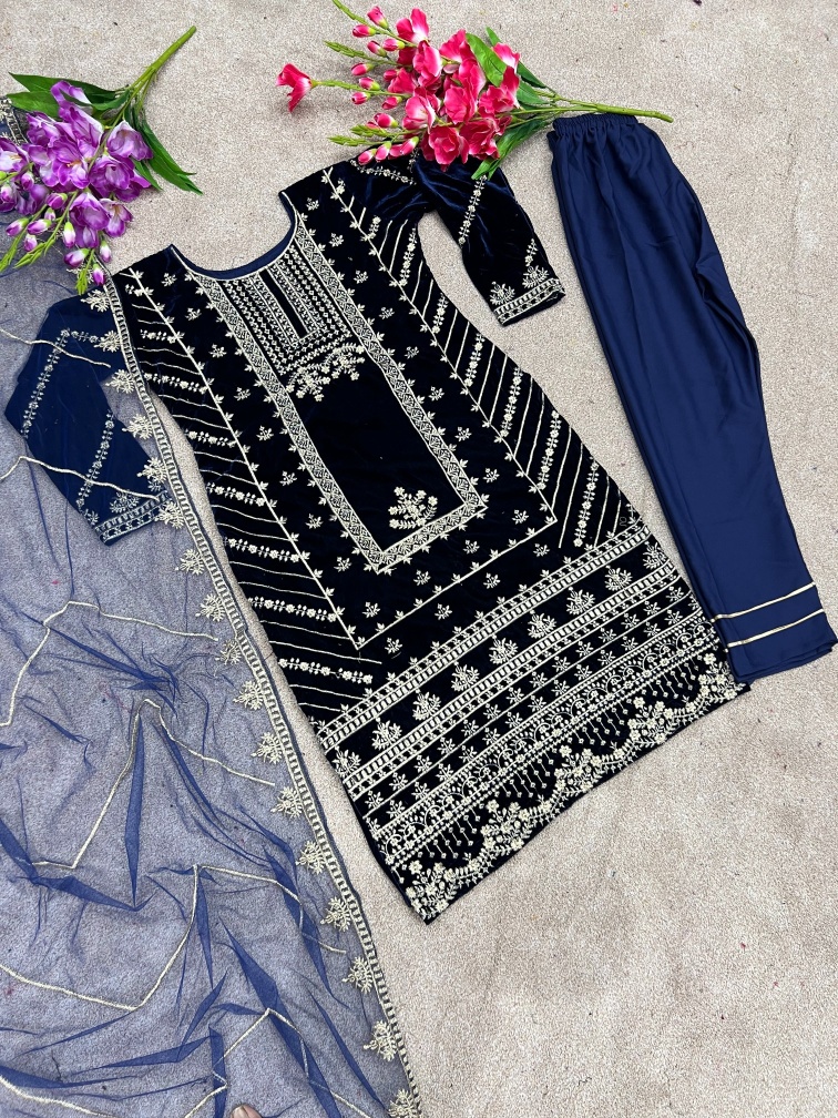 Navy Regal Heavy Embroidered Velvet Suit