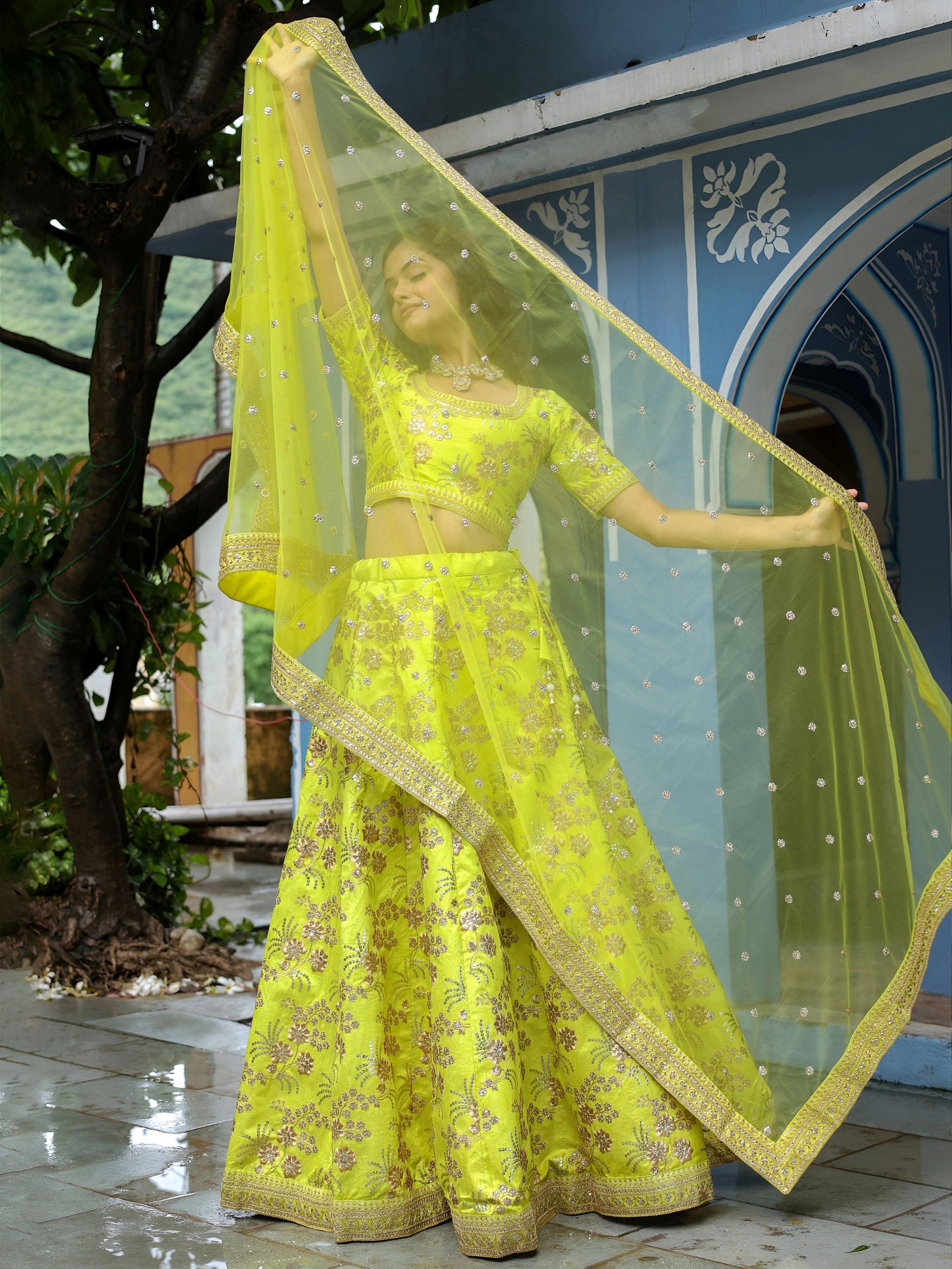 Neon Slub Silk Contemporary Flared Lehenga Choli — alternate view