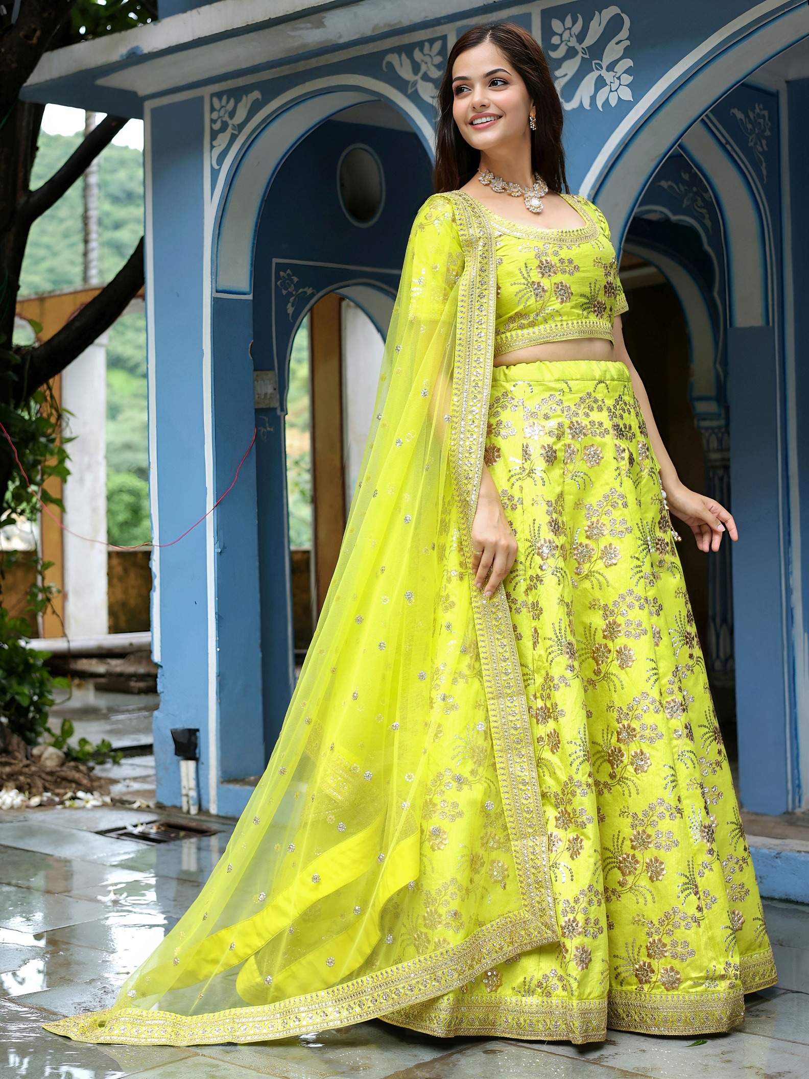 Neon Slub Silk Contemporary Flared Lehenga Choli