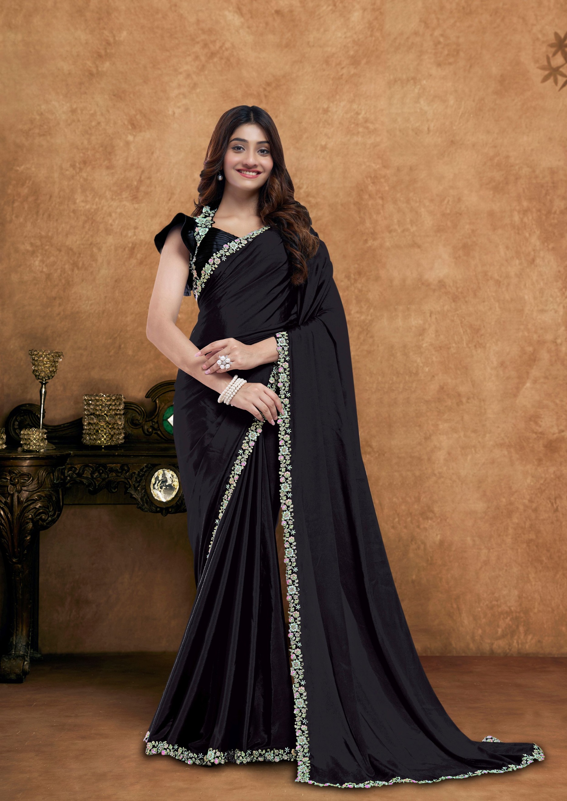 Noir Black Crepe Silk Designer Saree