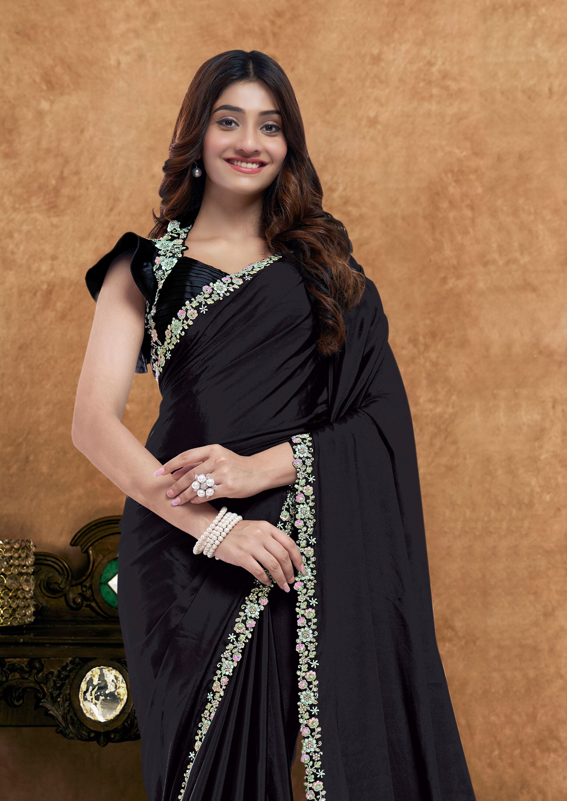 Noir Black Crepe Silk Designer Saree