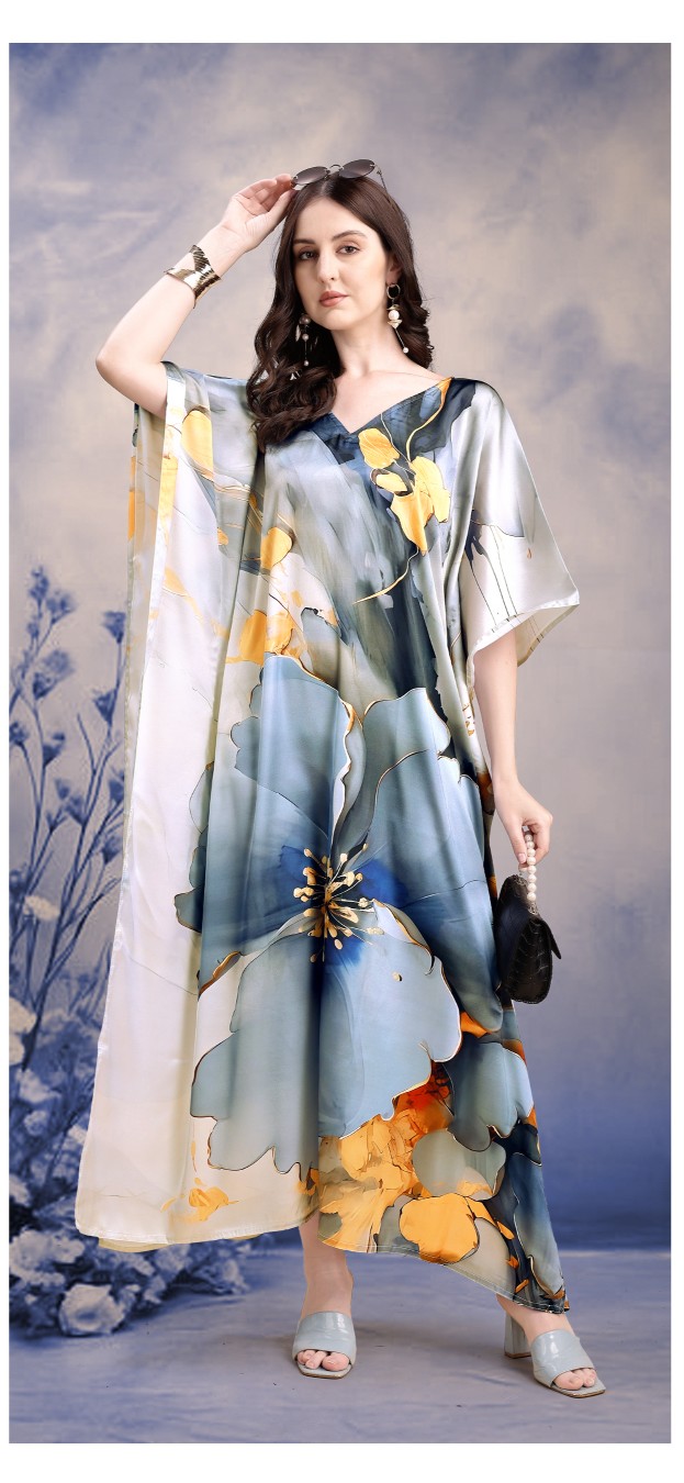 Ocean Bloom Blue Digital Printed Satin Kaftan