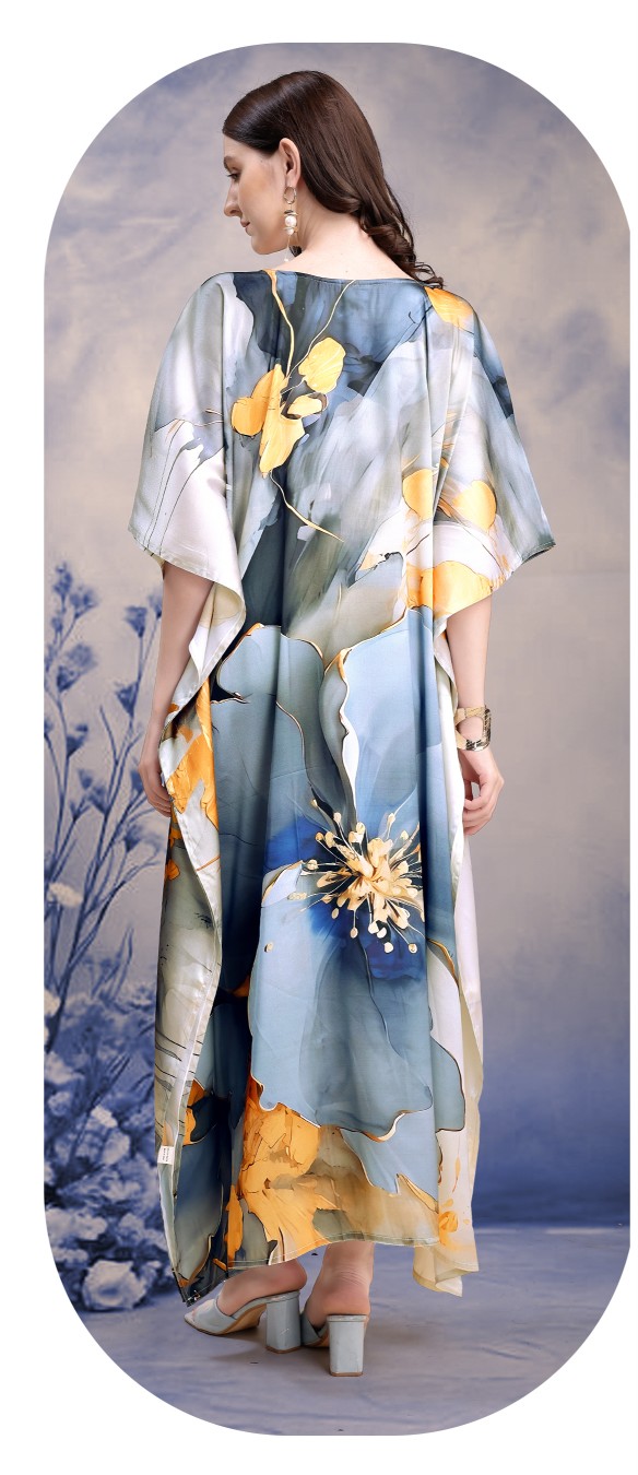 Ocean Bloom Blue Digital Printed Satin Kaftan — alternate view