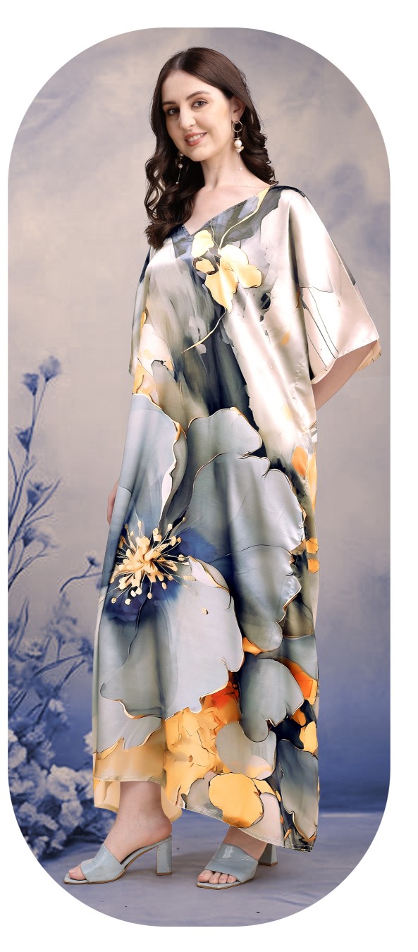 Ocean Bloom Blue Digital Printed Satin Kaftan