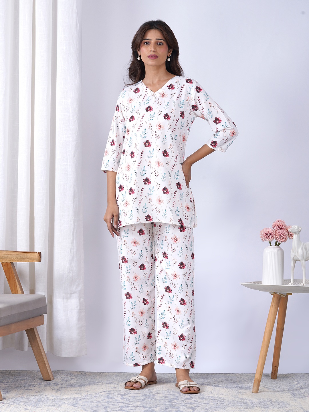 Off White Abstract Designer Printed Rayon Blend Co-Ord Set