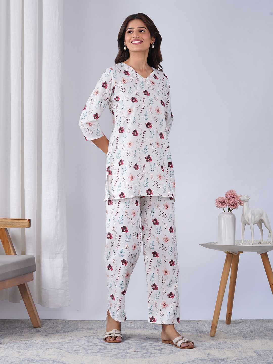 Off White Abstract Designer Printed Rayon Blend Co-Ord Set