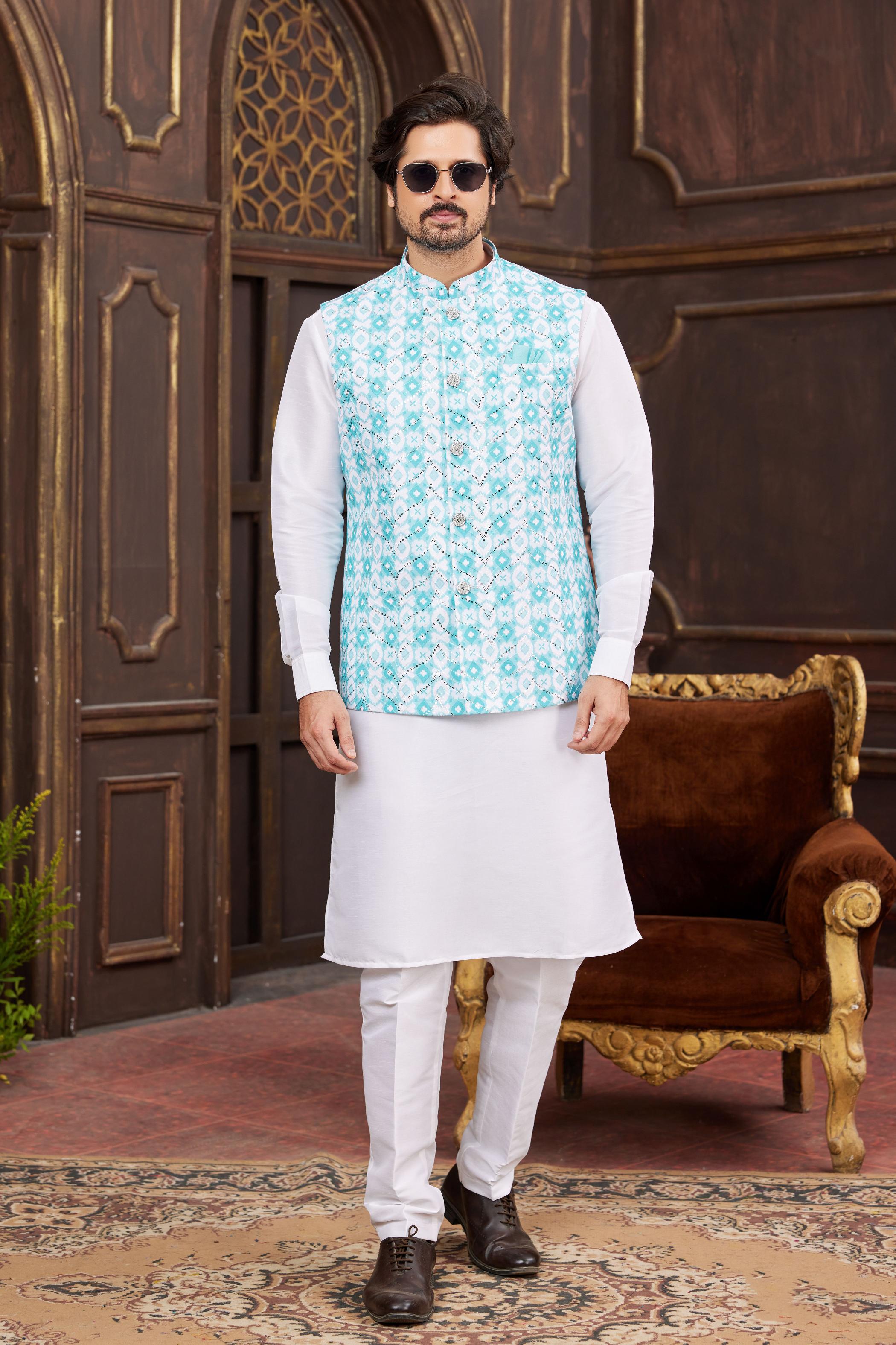 Off White Art Silk Jacket Kurta Payjama