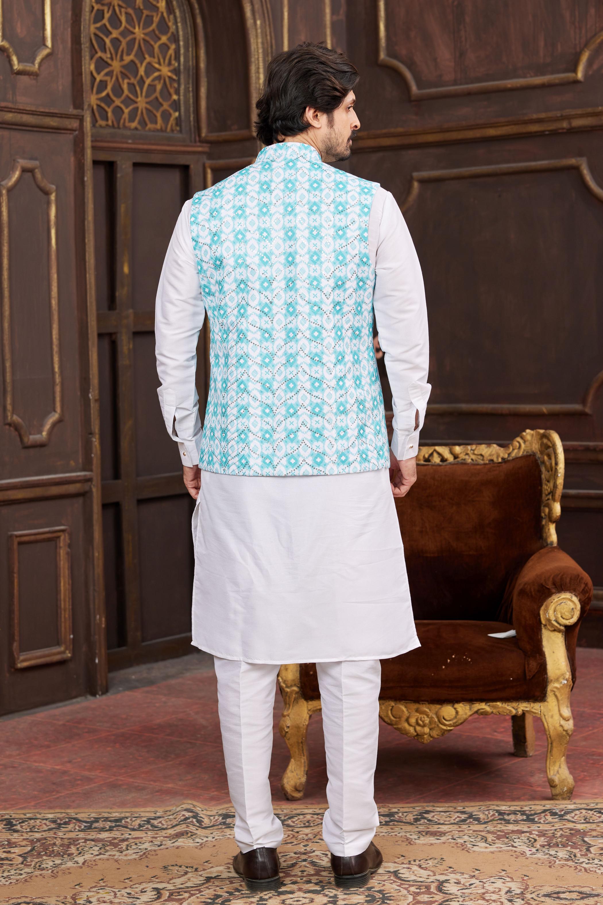 Off White Art Silk Jacket Kurta Payjama